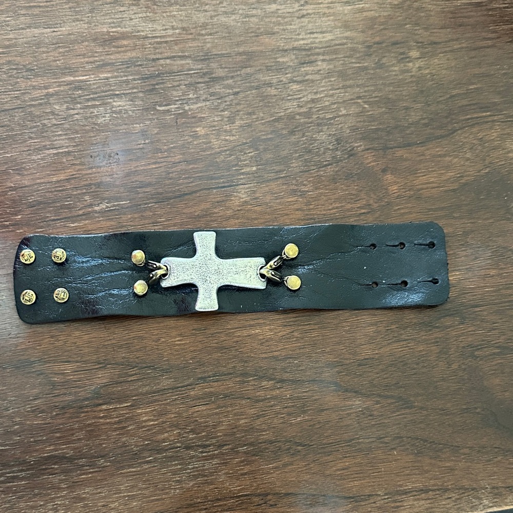Black Leather cuff Bracelet with Silver Cross and gold embellishments